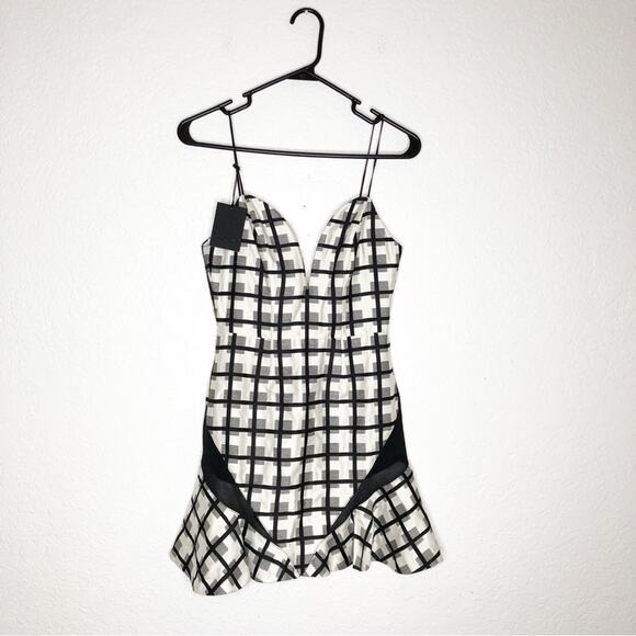 NBD Daylight Bliss black white plaid plunge neck flounce skirt mini dress NWT - Picture 2 of 16